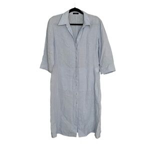 OUI ANYTIME Linen Button Front Midi Shirtdress Dress Blue 12